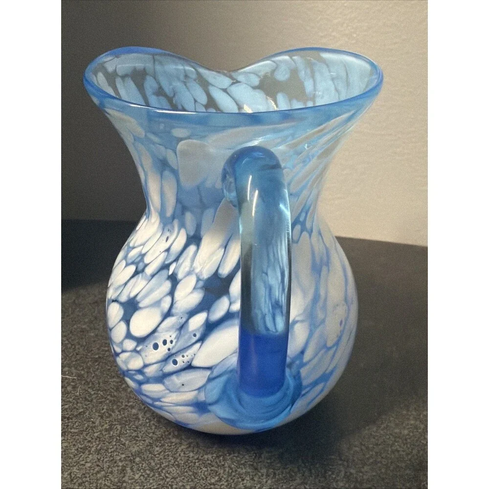 Vintage Art Glass Blue White Splatter Bud Vase Pitcher Cruet 5